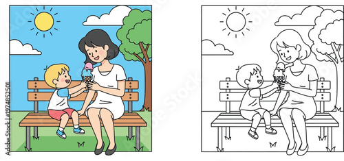 Mother and Child Eating Ice Cream on Park Bench Vector Illustration Set with Colored and Line Art Versions for Kids Coloring Page and Educational Activity Summer Concept