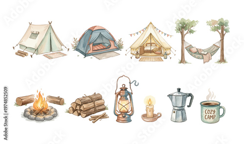 Watercolor Cozy Camping Clipart Set — 10 Glamping & Outdoor Adventure Elements PNG SVG Vector Illustration