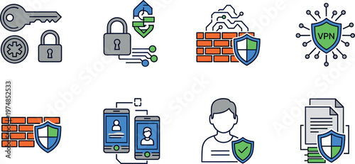 Cyber security technology icons vector set with VPN firewall encryption data protection and digital privacy system illustration