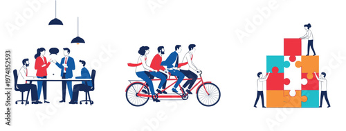 Vector illustration set of business teamwork concepts including professional office meeting people riding tandem bicycle and team building with colorful jigsaw puzzle pieces.