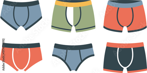 Colorful underwear icons, men's and women's briefs, boxer shorts, vector illustration, fashion design elements