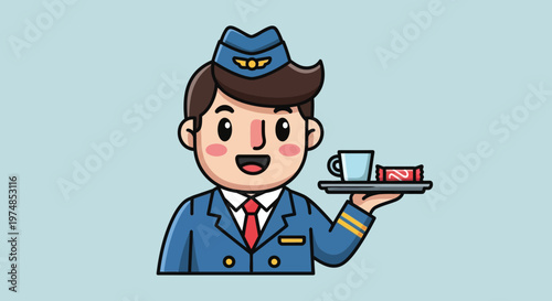Cartoon Waiter Serving Coffee and Pastry.