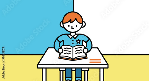 Boy Reading Book at Desk.