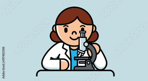 Female scientist cartoon character using microscope in laboratory.
