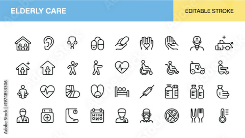 Elderly Care Icon Set: A comprehensive collection of meticulously crafted, single-line icons capturing essential aspects of elderly care, from healthcare and assisted living to everyday needs.