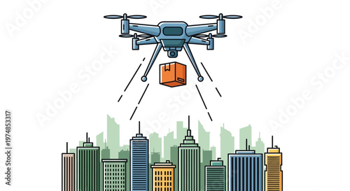 Drone Delivering Package Over City.