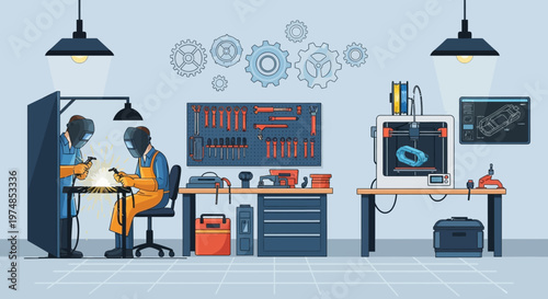 Two people working in workshop.