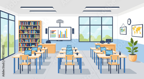 Modern Classroom with Tables and Chairs.