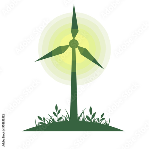 A green wind turbine illustration with glowing halo rings stands on a grassy patch. This minimalistic flat design symbolises clean energy and environmental sustainability, on a transparent background 