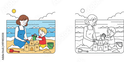Mother and Son Building Sandcastle on the Beach Vector Illustration Set with Colored and Line Art Versions for Kids Coloring Page and Summer Vacation Concept