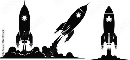 Three black rocket silhouettes in different launch stages with smoke and exhaust trails isolated on white background, space flight illustration for technology and exploration design projects