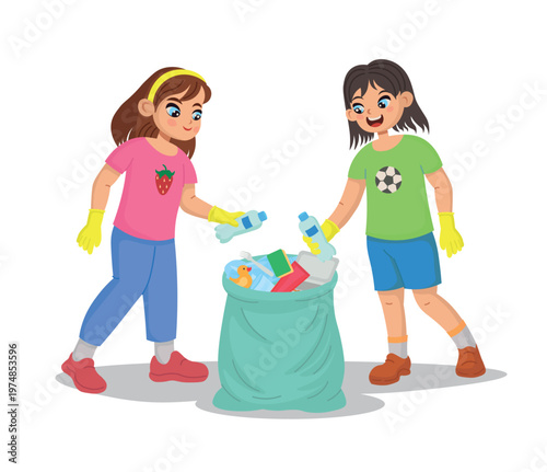 Cute cartoon illustration of two children collecting plastic bottles and putting them into a trash bag. Kids wearing gloves help clean environment, recycling and ecology concept. 