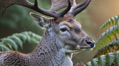Close-up of a Fallow Deer Doe in a Lush Forest with Ferns and Sunlight