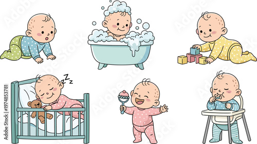 Cute Baby Illustrations Set with Different Activities and Expressions for Parenthood, Baby Care, and Childhood Designs