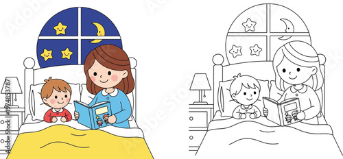 Mother Reading Bedtime Story to Son in Bed Vector Illustration Set with Colored and Line Art Versions for Kids Coloring Activity Page Educational and Parenting Routine Concept