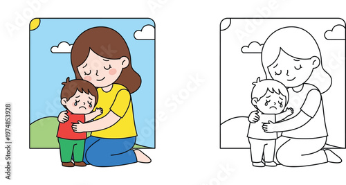 Mother Hugging and Comforting a Crying Child Vector Illustration Set with Colored and Line Art Versions for Kids Coloring Page Social Emotional Learning and Parenting Concept