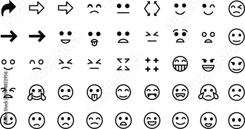 Collection of black and white emoticons and arrows expressing diverse emotions and directions