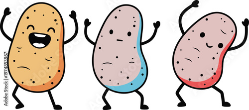Three cartoon potato characters with playful arms, legs, and expressions isolated on white background, humorous food illustration for children, fun design, and creative projects