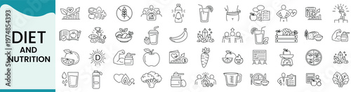 Diet and nutrition line icons Set, healthy food, fitness, weight loss, vitamins, meal plan, calorie counting, organic products, and lifestyle