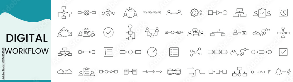 Naklejka premium Digital workflow icon Set, business process management, automation, team collaboration, project management, data flow, task management, vector line icons