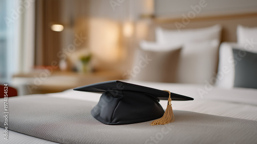 Graduation cap rests beside service uniform on dormitory bed, symbolic transition represents veteran's educational achievement milestone, ideal for college accomplishment benefits, and modern succes