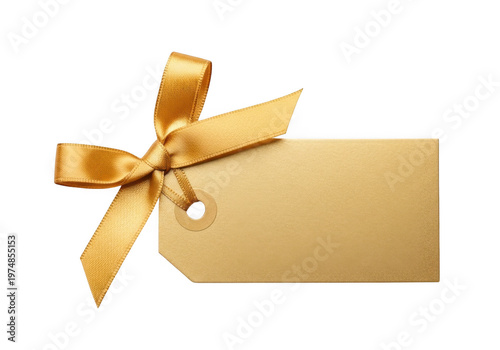 Elegant gold ribbon tied around a brown gift tag with a bow isolated on transparent background