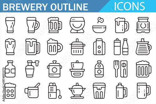Brewery beer icons set minimal line vector collection with brewing equipment symbols