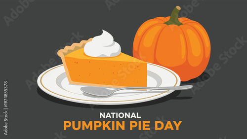Slice of pumpkin pie served on a plate with a spoon next to a whole pumpkin marks the celebration of National Pumpkin Pie Day.