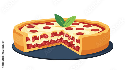 Large deep dish pepperoni pizza with several layers of meat and melting cheese sits on a tray with fresh basil leaves as a garnish.