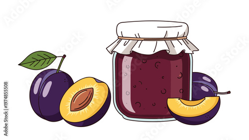 Glass jar of purple plum jam with fresh whole and sliced plums alongside it isolated on white background.