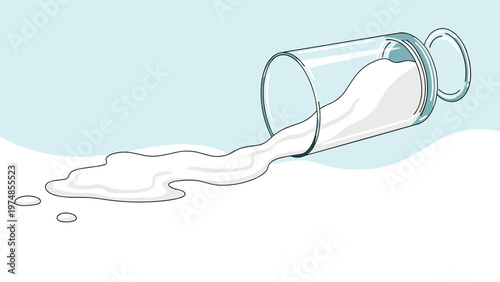 Glass bottle tipped over with white milk spilling out onto a light blue surface creating a large puddle.