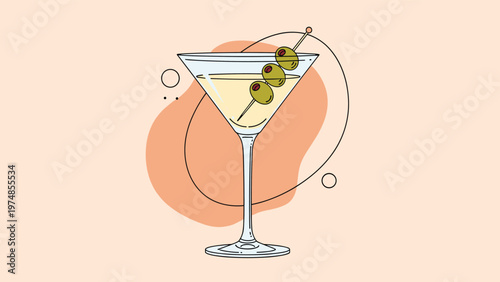Classic martini cocktail in a stem glass garnished with three green olives on a toothpick in front of abstract shapes.