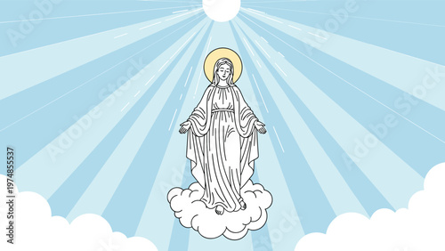 Religious illustration of the virgin mary standing on a cloud with rays of light and a halo on blue background.