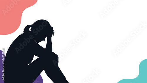Silhouette of a woman sitting and holding her head in despair against a white background with colorful accents.