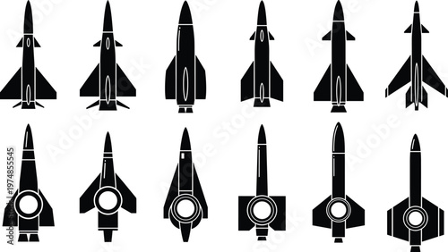 Twelve black rocket and missile silhouettes with varied fin designs isolated on white background, aerospace illustration for defense, engineering, and space exploration projects