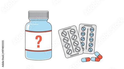 Medicine bottle with a question mark next to blister packs of pills and loose capsules for health illustration.