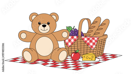 Cute brown teddy bear sitting on a red checkered blanket next to a picnic basket full of food on white.