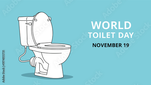 white ceramic toilet with an open lid stands on a light blue background to observe world toilet day and sanitation awareness.