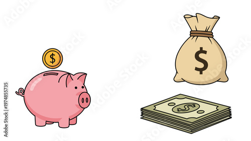 collection of financial icons including a piggy bank a bag of money and a stack of cash represents savings and wealth accumulation.
