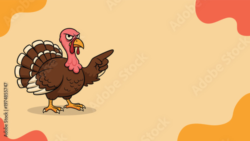 angry cartoon turkey with an annoyed expression points its finger on a decorative orange and cream abstract background.