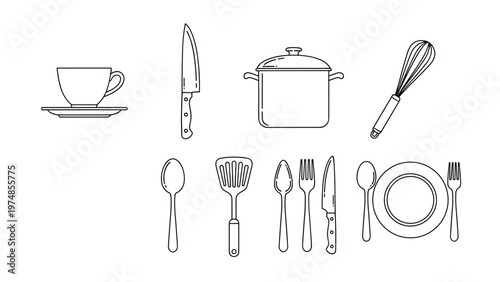 set of kitchenware and cutlery line drawings includes a pot whisk plate and various utensils for cooking and dining themes.