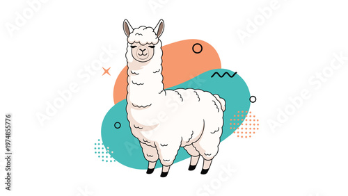 fluffy white llama with a peaceful expression is illustrated against a background of abstract colorful shapes and dots.