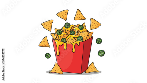 large red container is overflowing with crispy nachos topped with melted yellow cheese and spicy jalapeo pepper slices.