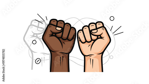two clenched fists with different skin tones are raised in unity to symbolize solidarity protest and the fight for social justice.