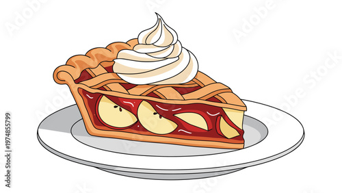 slice of apple pie with a golden lattice crust and whipped cream is served on a white plate for a traditional dessert.