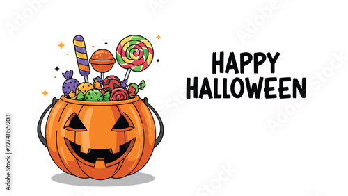 Festive jack o lantern bucket overflowing with assorted Halloween candies and lollipops wishes everyone a happy holiday.