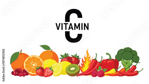 Assortment of vitamin C rich foods including citrus, berries, peppers, and broccoli are displayed under a bold label.