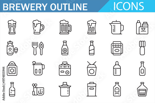 Brewery beer icons set with editable stroke, minimal line vector collection featuring brewing equipment, bottles, glasses and alcohol production symbols for UI UX design isolated on light background
