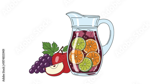 Glass pitcher filled with refreshing fruit punch and citrus slices stands next to grapes and an apple on a white background.
