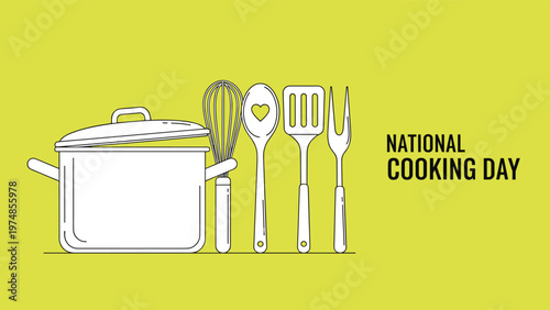 Line art illustration for National Cooking Day features a stockpot and various kitchen utensils against a green background.